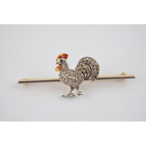234 - Antique 18ct gold and platinum bar brooch with enamelled cockerel set with old cut diamonds and a ru... 