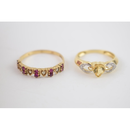 249 - A 9ct gold heart ring, size M, with a similar diamond and ruby heart ring, size R, combined 3.4 gram... 