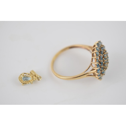 252 - 9ct gold ring set with light blue stones together with a matching pendant, 3.8 grams (2).