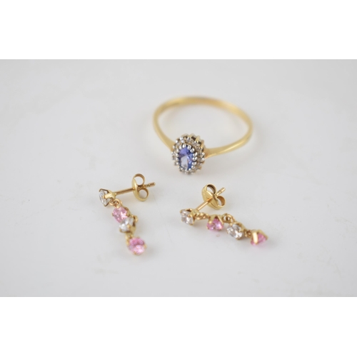 254 - 9ct gold pale stone and illusion set diamond ring, size Q, with earrings combined 2.3 grams.