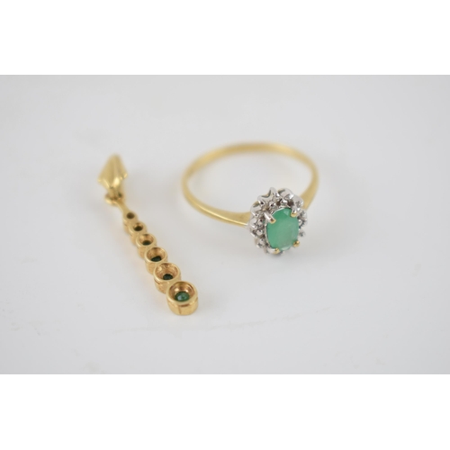 258 - 9ct gold ring set with green and white stones together with a similar pendant, 2.4 grams (2).