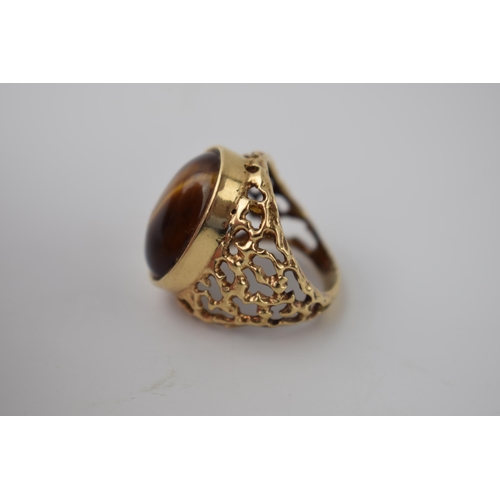 268 - 9ct gold ornate ring with tiger's eye, 8.8 grams, size O/P.