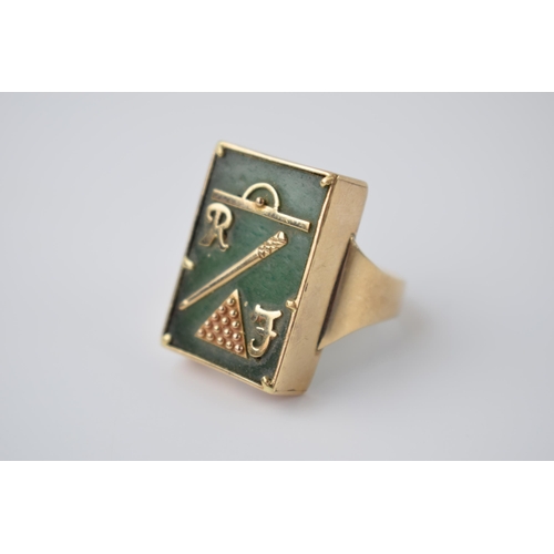 271 - Unusual 9ct gold mens ring, decorated with snooker related gold overlay, on jade (or similar) insert... 