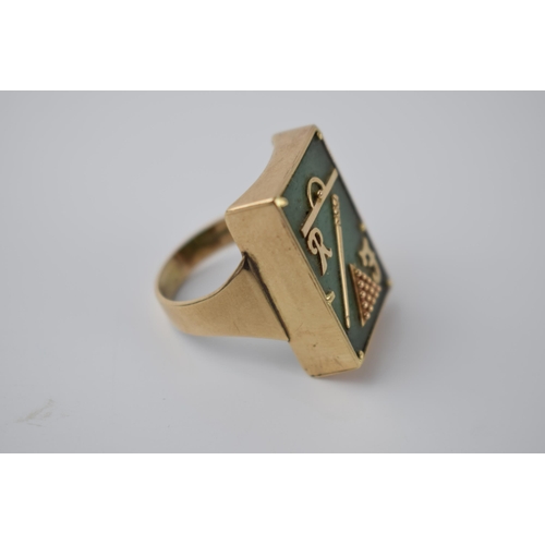 271 - Unusual 9ct gold mens ring, decorated with snooker related gold overlay, on jade (or similar) insert... 