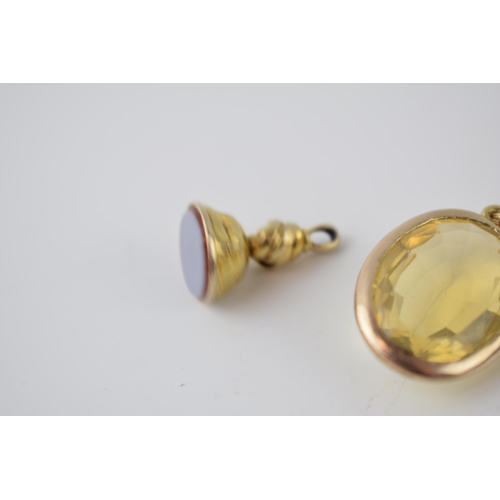 281 - Large Citrine gemstone pendant with gold mount, tested as 9ct or better.  Together with a hardstone ... 