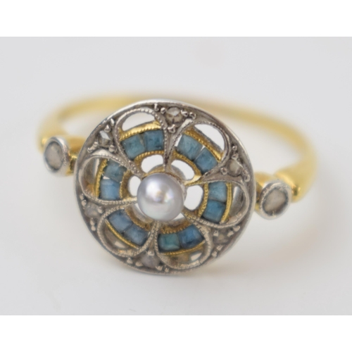 301 - 18ct gold Art Deco style ring set with diamonds, sapphires and a seed pearl, size P, 2.6 grams.