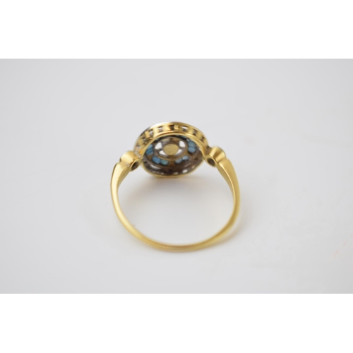 301 - 18ct gold Art Deco style ring set with diamonds, sapphires and a seed pearl, size P, 2.6 grams.