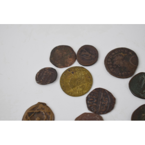 32 - An interesting collection of coins and gaming tokens  of varying ages (Qty).