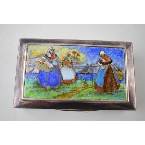 40 - Silver plated cigarette box with enamelled decoration with Dutch scenes, 14cm x 8.5cm.