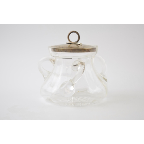 50 - Silver topped glass three handled condiment jar, 33.7 grams of silver, London 1903, 12cm wide.