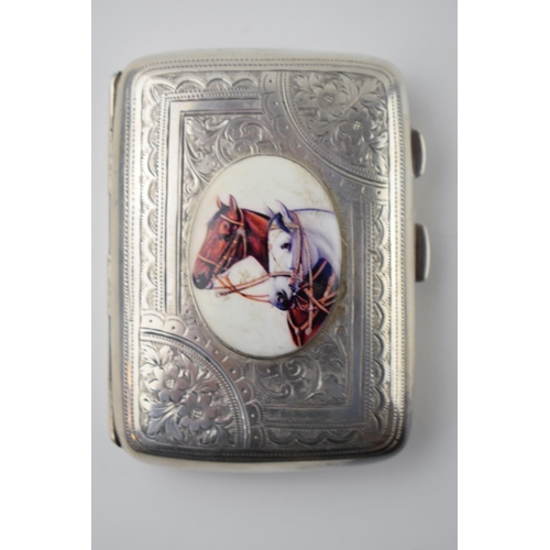 77 - Silver cigarette case with transfer decoration featuring a pair of horses, Birmingham 1899, 89.7 gra... 