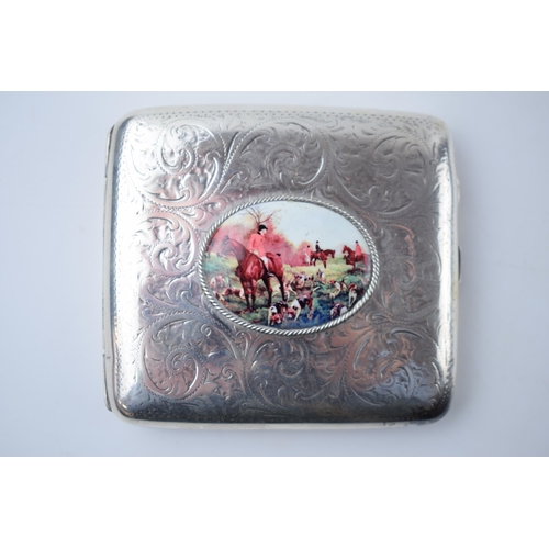 78 - Silver cigarette case with transfer decoration featuring a hunting scene, Birmingham 1918, 111.2 gra... 