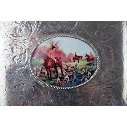 78 - Silver cigarette case with transfer decoration featuring a hunting scene, Birmingham 1918, 111.2 gra... 