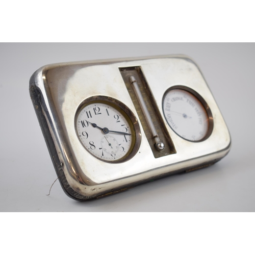 83 - Edwardian silver mounted desk barometer and clock, with central thermometer, Birmingham 1903, 20cm w... 