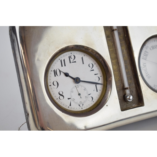 83 - Edwardian silver mounted desk barometer and clock, with central thermometer, Birmingham 1903, 20cm w... 