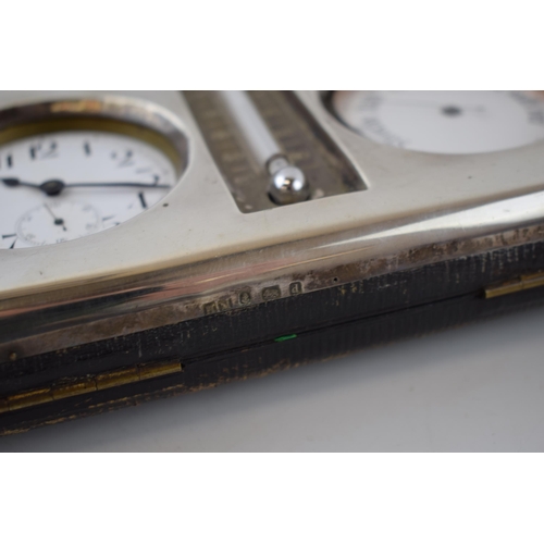 83 - Edwardian silver mounted desk barometer and clock, with central thermometer, Birmingham 1903, 20cm w... 