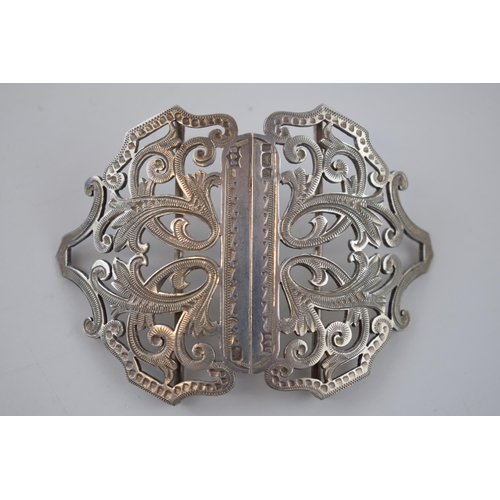 85 - Hallmarked silver belt buckle, Sheffield 1901, 42.2 grams, 8cm wide.