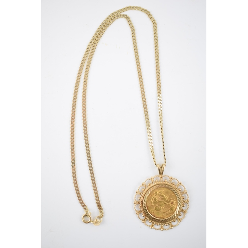 9 - A 1918 George V Sovereign coin mounted in a 9ct gold mount marked .375 together with a 9ct gold chai... 