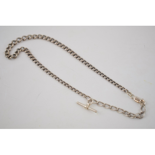 92 - Antique silver graduated albert chain, hallmarked every link. with later addition T bar and lobster ... 