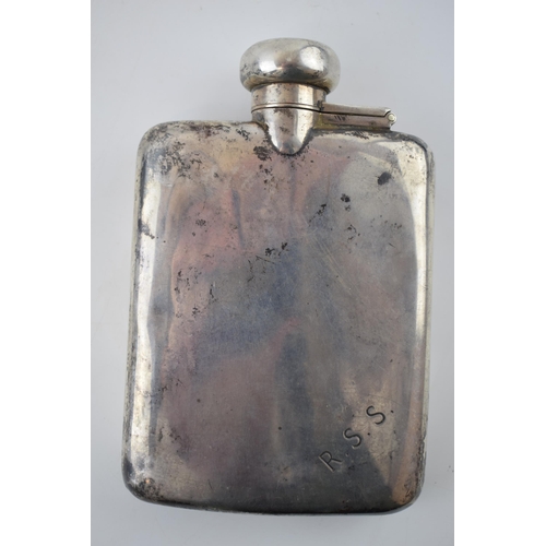 146 - Silver hipflask, hallmarks rubbed, twist stopper, monogrammed 'RSS', 143.9 grams, 13.5cm tall.