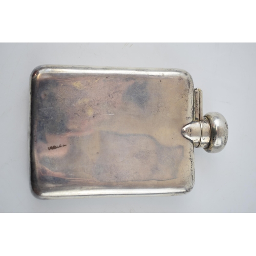 146 - Silver hipflask, hallmarks rubbed, twist stopper, monogrammed 'RSS', 143.9 grams, 13.5cm tall.