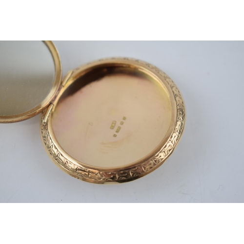 346 - 9ct gold circular rouge compact, decorated to front and reverse, loop to top, mirror to interior, Bi... 