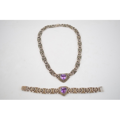 361 - Silver and marcasite heavy necklace with matching bracelet, with heart-shaped purple paste stones, m... 