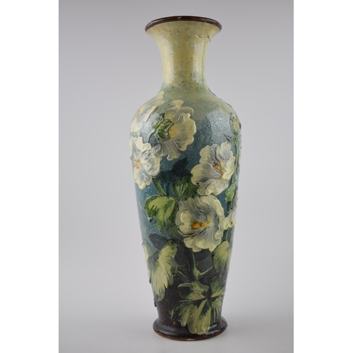 151 - Large Doulton Impasto vase with relief mold flowers (af), 42cm tall.