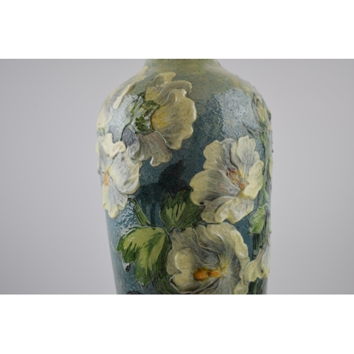 151 - Large Doulton Impasto vase with relief mold flowers (af), 42cm tall.