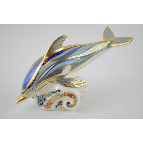 4 - Boxed Royal Crown Derby Paperweight Striped Dolphin, first quality with gold stopper.