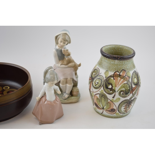 102 - Pottery to include a Lladro figure of a girl with a dog, a Nao girl together with 2 pieces of Denby ... 