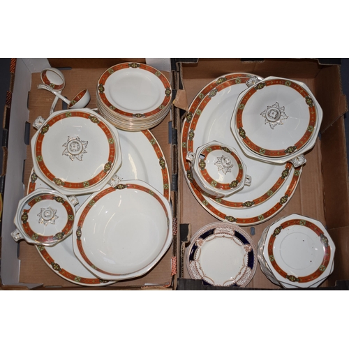 104 - Wedgwood dinner ware in the Nevarre pattern to include tureens, plates, serving platters and others ... 