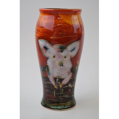 112 - Anita Harris Art Pottery vase, decorated with a Pig, 17cm tall, signed by Anita.