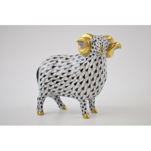 121 - Herend pottery (Hungary) figure of a ram with horns, in black fishnet decoration with gilt highlight... 