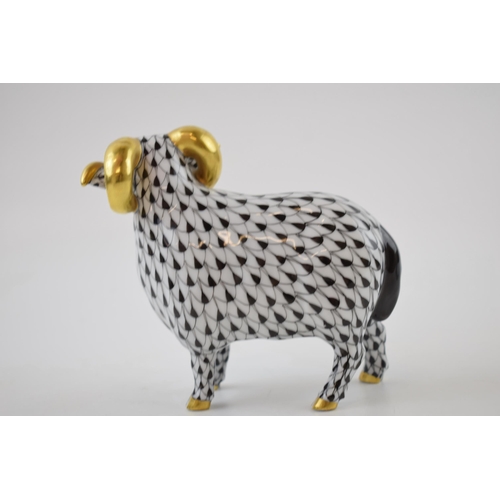 121 - Herend pottery (Hungary) figure of a ram with horns, in black fishnet decoration with gilt highlight... 