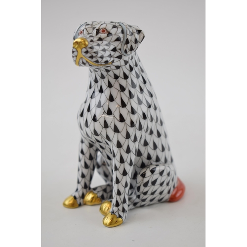 122 - Herend pottery (Hungary) figure of a Sitting Dog, in black fishnet decoration with gilt highlights, ... 