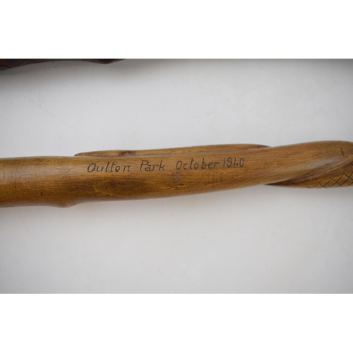 473 - A hand-carved stick of swagger stick length (69cm) bearing the inscription 'Oulton Park 1940' and cu... 