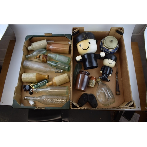 480 - A mixed collection of items to include Victorian Cod bottles, stoneware bottles and jars including B... 