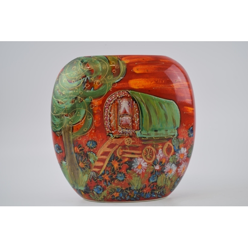 80 - Anita Harris Art Pottery 1/1 purse vase, decorated with a Gypsy Caravan, 20cm tall, signed by Anita ... 