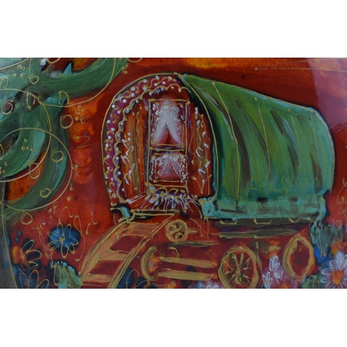 80 - Anita Harris Art Pottery 1/1 purse vase, decorated with a Gypsy Caravan, 20cm tall, signed by Anita ... 