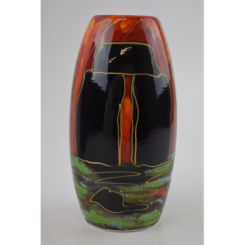 85 - Anita Harris Art Pottery skittle vase, decorated with Stonehenge, 18cm tall, signed by Anita.