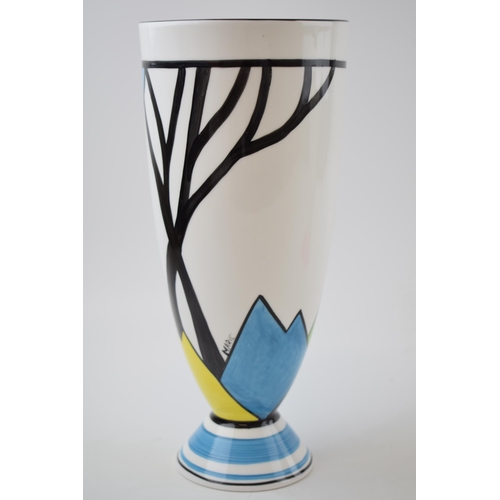 88 - Marie Graves 1/1 low shouldered vase in a Clarice Cliff Bizarre style pattern, 24cm tall.