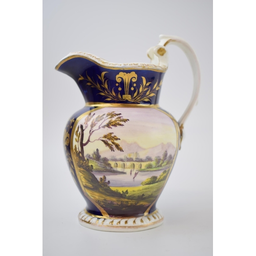 132C - Early 19th century porcelain jug decorated with an estate scene including a lake scene, probably Der... 