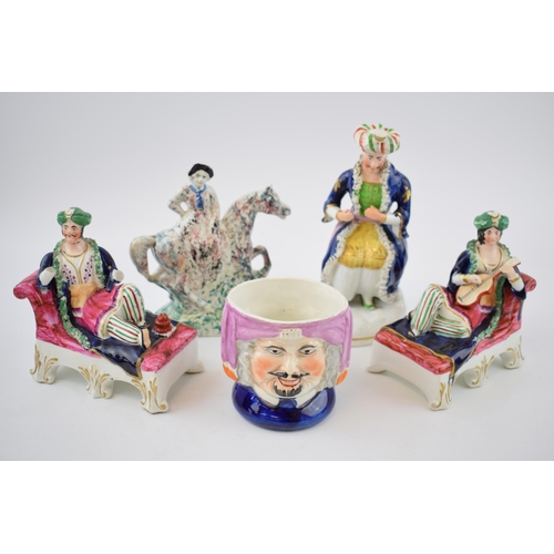 132E - A collection of Staffordshire figures, circa 1840s-1860s, of Turkish figures to include a tobacco ja... 