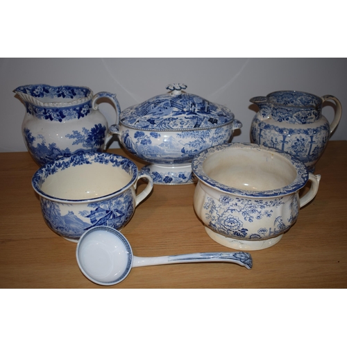 132M - 19th century blue and white pottery to include a Wedgwood tureen, a large jug, an Adams jug with 2 c... 