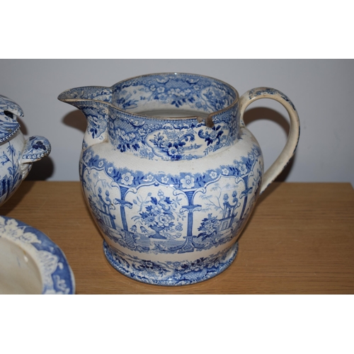 132M - 19th century blue and white pottery to include a Wedgwood tureen, a large jug, an Adams jug with 2 c... 