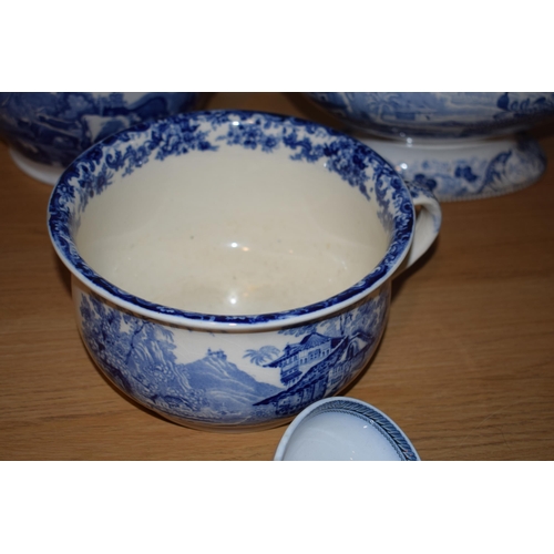 132M - 19th century blue and white pottery to include a Wedgwood tureen, a large jug, an Adams jug with 2 c... 