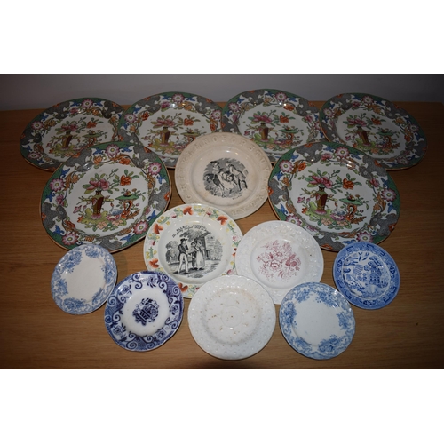 132N - A collection of 6 Masons Ironstone plates with floral design together with a collection of childs pl... 