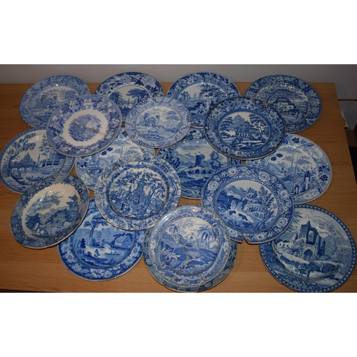 132P - A large and interesting collection of 19th century blue and white plates to include Spode 'The Commo... 