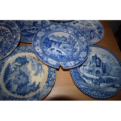 132P - A large and interesting collection of 19th century blue and white plates to include Spode 'The Commo... 